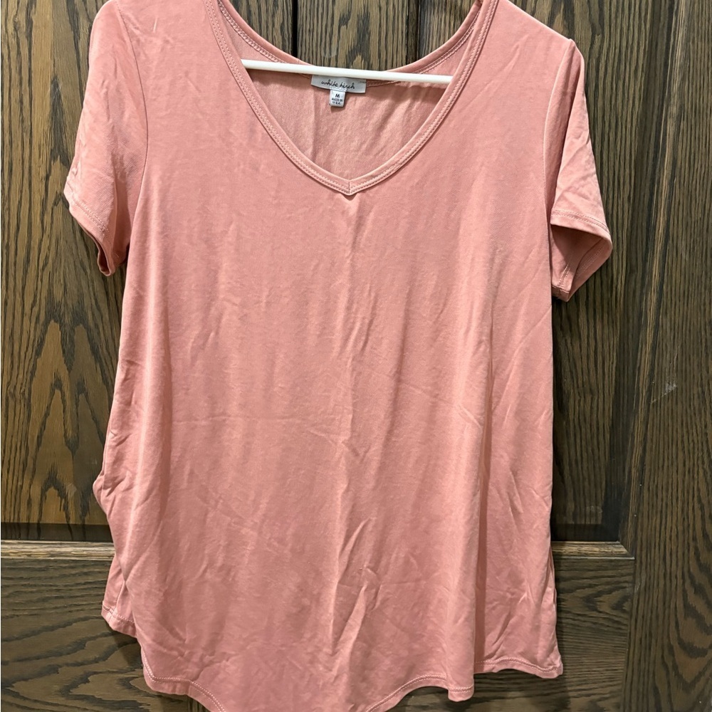 White Birch Coral V-Neck Short Sleeve Tee with asymmetrical bottom